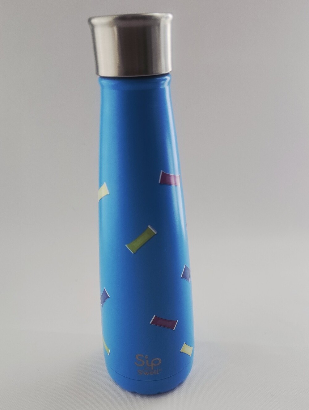 S’well Sip 15oz Blue Stainless Steel Water Bottle with colorful Wrappers Print